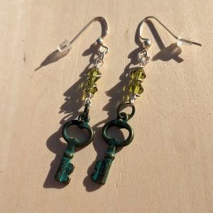 Key Earrings Green Czech Glass Beads Brass Keys Steampunk Handmade Silver Wire